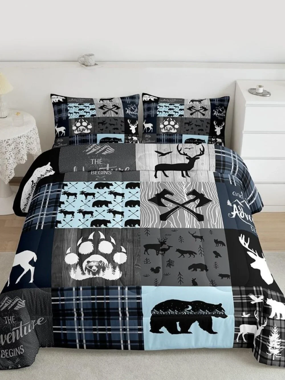 Cabin Retro Rustic Lodge Quilt King Size, Bear Deer Country Comforter Set For Ki